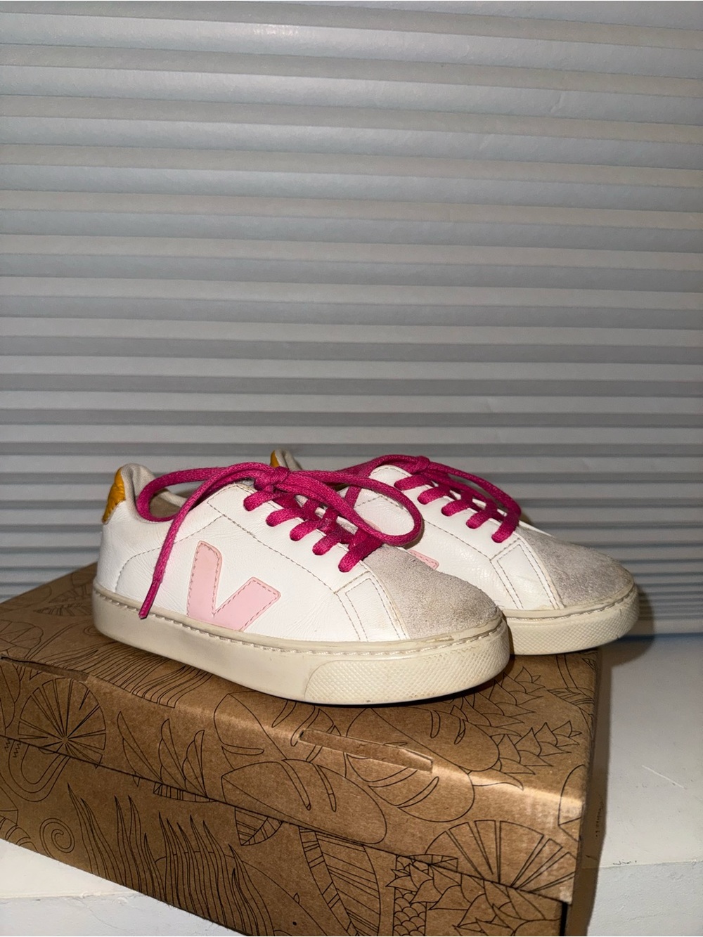 Veja White Sneakers with Pink V and Fuchsia Laces